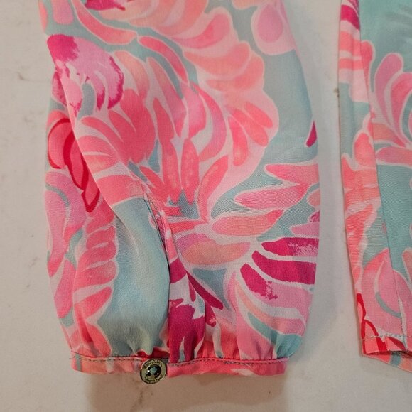 Lilly Pulitzer Stacey Silk Top Blouse Small Long Sleeve Pink Blue - Picture 8 of 14
